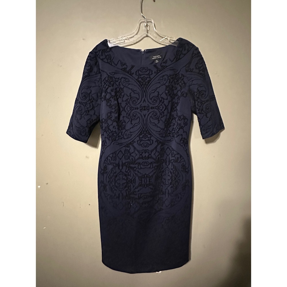 Tahari Arthur S. Levine Navy Blue Black Flocked Damask Sheath Dress Size 10